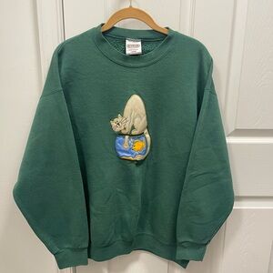 Vintage Green Crewneck Sweatshirt with Cat & Fish Appliqué/A76